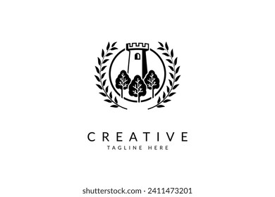 Law firm logo. A castle or tower with a open window or lighthouse on a circular backdrop, with a collection of three trees in the foreground, all surrounded by an ivy wreath vector.