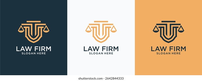 Law firm logo design concept. Pillar design template with shield, scales of justice, vector illustration.