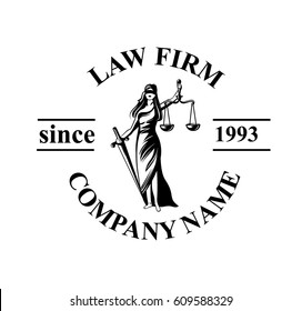 Law firm logo with Femida. Vector law firm logotype or badge.