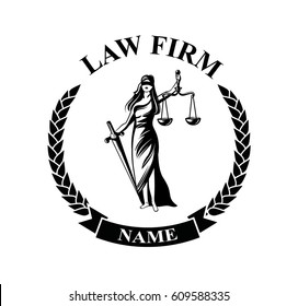 Law firm logo with Femida. Vector law firm logotype or badge.