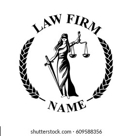 Law firm logo with Femida. Vector law firm logotype or badge.