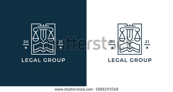 Law firm logo. Legal group sign. Concept\
weight scales, book and pillar sword line icon. Lawyer attorney\
symbol. Vector\
illustration.