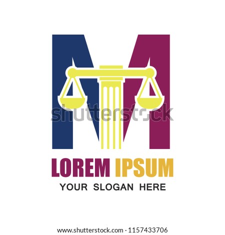 law firm logo with M alphabet and text space for your slogan / tagline, vector illustration