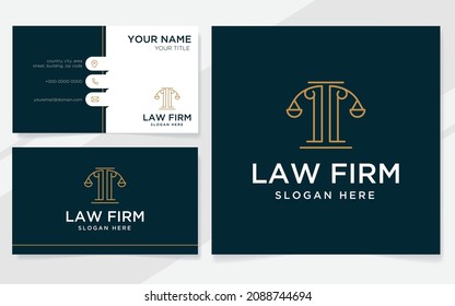 Law firm logo with modern lines suitable for lawyer, court or law office with business card template