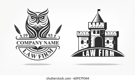 Law firm logo with owl and castle. Vector logo badge. Castle logotype or black and white silhouette.