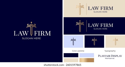 law firm logo, scales of justice, letter T with sword