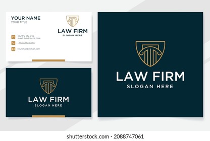 Law firm logo and shield suitable for lawyer, court or law office with business card template