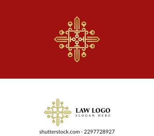 Law firm logo. Sword and scale of justice icon. Corporate lawyer symbol. Gold attorney business sign. Legal advocate emblem.