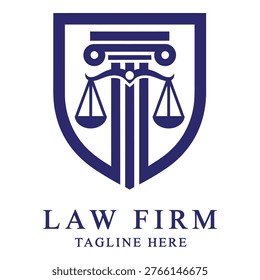 Law firm logo template with shield and scales of justice symbol icon