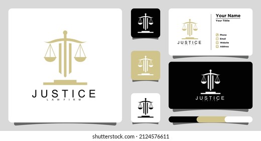 Law Firm logo template with sword and business card. Premium Vector