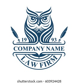Law firm logotype with owl. Vector logo badge.
