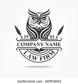 Law firm logotype with owl. Vector logo badge.