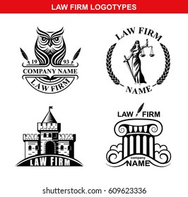 Law firm logotypes with Goddess of justice Femida, column, owl and castle. Vector logo set or law firm.