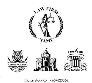 Law firm logotypes with Goddess of justice, column, owl and castle. Vector logo set or law firm.