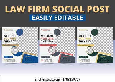 Law firm promotional social media banners post templates advertising vector set design. Unique square geometrical shapes composition lawyer corporate posts & modern promo social layout ads poster.