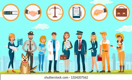 Law Firm Protects Rights Citizens Provides Services Vector Flat. Lawyer Contract Court Signing Contract Taxes Documents Helps People Different Professions Conclude Contracts for Builders Policeman. 