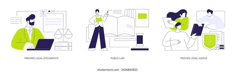 Conjunto de ilustración vectorial de concepto abstracto de servicio de abogados. Preparar documentos legales, derecho público, proporcionar asesoramiento legal, contrato y solicitud de patente, protección de derechos metáfora abstracta.