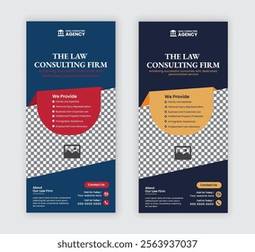 Law firm service DL flyer, law agency advertising rack card, and law consulting leaflet, handbill design templates with two color variations