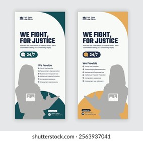 Law firm service DL flyer, law agency advertising rack card, and law consulting leaflet, handbill design templates with two color variations