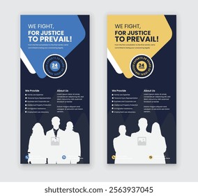 Law firm service DL flyer, law agency advertising rack card, and law consulting leaflet, handbill design templates with two color variations