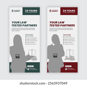 Law firm service DL flyer, law agency advertising rack card, and law consulting leaflet, handbill design templates with two color variations