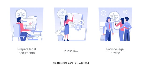 Law firm service isolated concept vector illustration set. Prepare legal documents, public law, provide legal advice, contract and patent application, rights protection vector cartoon.