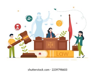 Law Firm Services with Justice, Legal Advice, Judgement and Lawyer Consultant in Flat Cartoon Poster Hand Drawn Templates Illustration