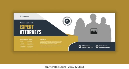 Law firm services social media banner design or law consulting Facebook cover design template and Flat Law firm advertising web banner layout, law agency online banner template