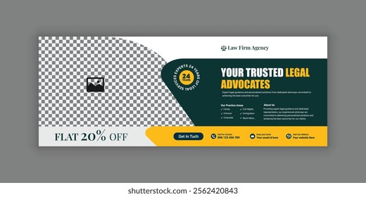 Law firm services social media banner design or law consulting Facebook cover design template and Flat Law firm advertising web banner layout, law agency online banner template