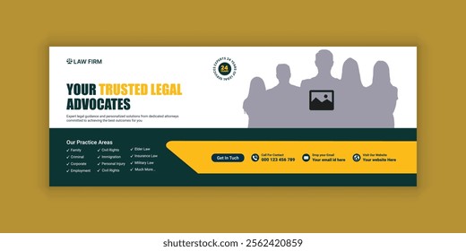 Law firm services social media banner design or law consulting Facebook cover design template and Flat Law firm advertising web banner layout, law agency online banner template