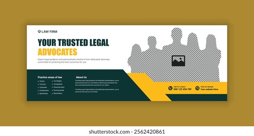 Law firm services social media banner design or law consulting Facebook cover design template and Flat Law firm advertising web banner layout, law agency online banner template