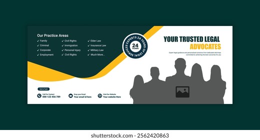 Law firm services social media banner design or law consulting Facebook cover design template and Flat Law firm advertising web banner layout, law agency online banner template