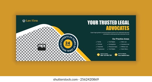 Law firm services social media banner design or law consulting Facebook cover design template and Flat Law firm advertising web banner layout, law agency online banner template