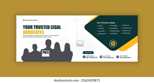 Law firm services social media banner design or law consulting Facebook cover design template and Flat Law firm advertising web banner layout, law agency online banner template