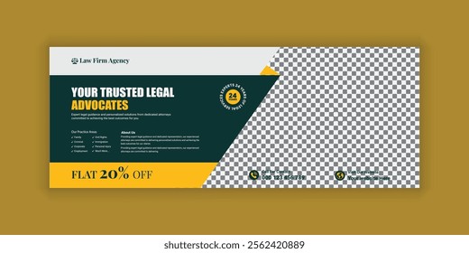 Law firm services social media banner design or law consulting Facebook cover design template and Flat Law firm advertising web banner layout, law agency online banner template