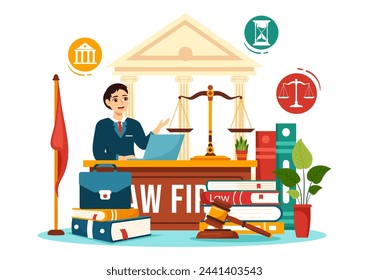 Law Firm Services Vector Illustration with Justice, Legal Advice, Judgement and Lawyer Consultant in Flat Cartoon Background Design