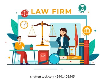 Law Firm Services Vector Illustration with Justice, Legal Advice, Judgement and Lawyer Consultant in Flat Cartoon Background Design