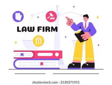 Law Firm Services Vector Illustration featuring of Justice, Legal Advice, Court Judgement, and Lawyer Consultation in a Flat Style Cartoon Background 