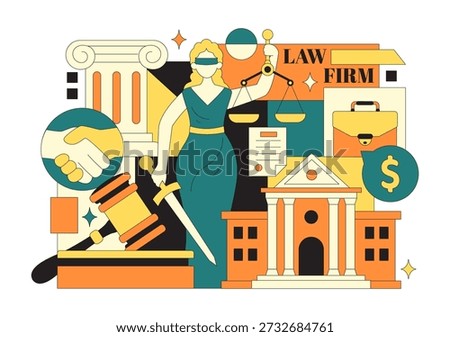 Law Firm Services Vector Illustration Featuring Justice, Legal Advice, Court Judgment, And Lawyer Consultation With Flat Cartoon Style Background