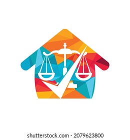 Law firm vector logo design. Law scale and check sign with home icon vector design.	