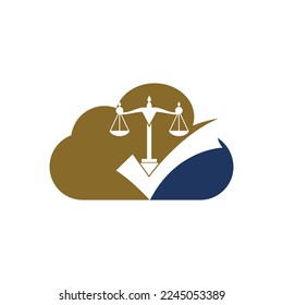 Diseño del logotipo vectorial de la firma de abogados. Escala de ley con diseño vectorial de icono de signo de verificación.	