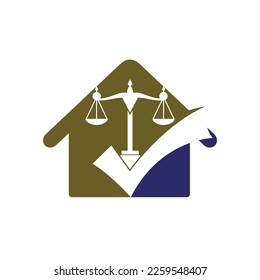Law firm vector logo design. Law scale and check sign with home icon vector design.	