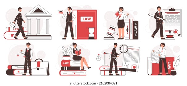 Law firm workers, lawyers litigation support and consultation. Legal service, law and judgment research flat vector illustration set. Justice and law scenes
