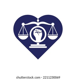 Law fist heart shape concept logo design icon. Justice Scales in Hand logo template design. Revolution justice logo concept.