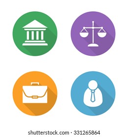 Law flat design icons set. Courthouse and scales of justice round symbols. Jurisprudence and government system. Lawyer and briefcase white silhouette illustrations. Vector infographics elements