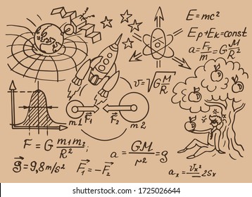 The law of force of gravity. Physical equations, formulas and schemes. Vector hand-drawn illustration. Vintage scientific and educational background.