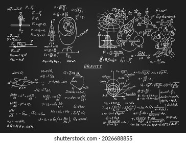 The law of force of gravity. Physical equations, formulas and schemes on chalkboard. Vector hand-drawn illustration. Vintage scientific and educational background.