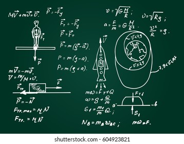 The law of force of gravity. Physical equations on blackboard. Vector hand-drawn illustration. Vintage scientific and educational background.