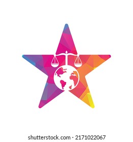 Plantilla de diseño de logotipo de concepto de forma de estrella de la ley y del globo. Escalas y símbolo o icono mundial.	