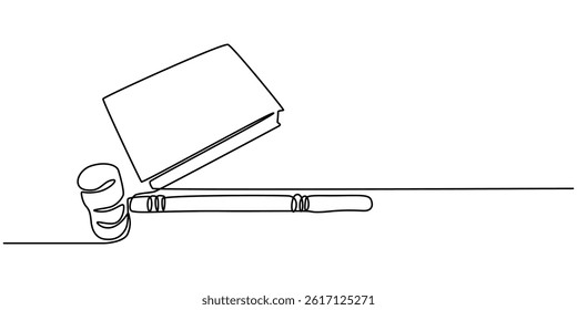 law hammer and books one line continuous single line art, Continuous single line sketch drawing of gavel law justice judge hammer and stack of books one line editable vector illustration, Continuous.